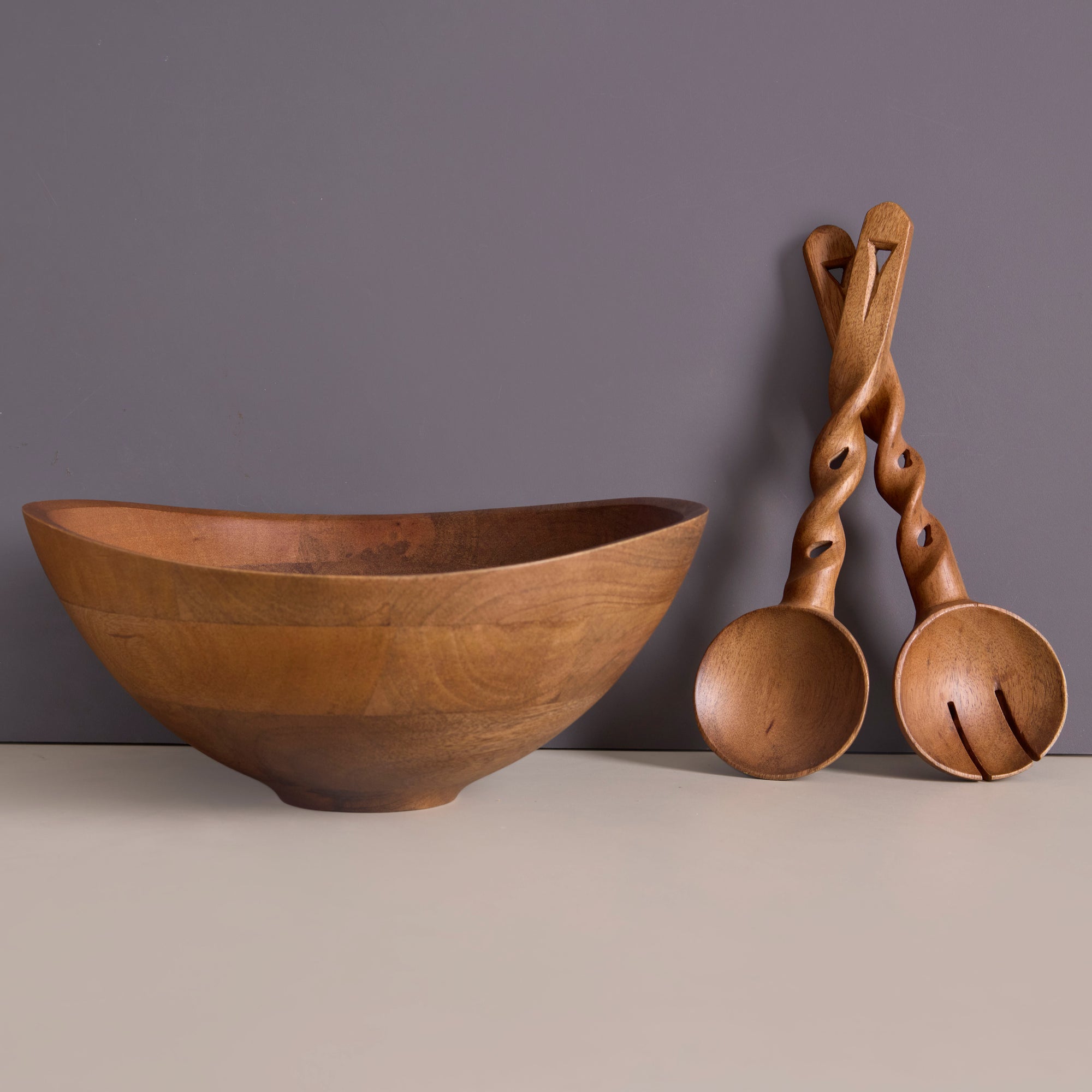 Nami Brown Wooden Salad Bowl with Matching Servers
