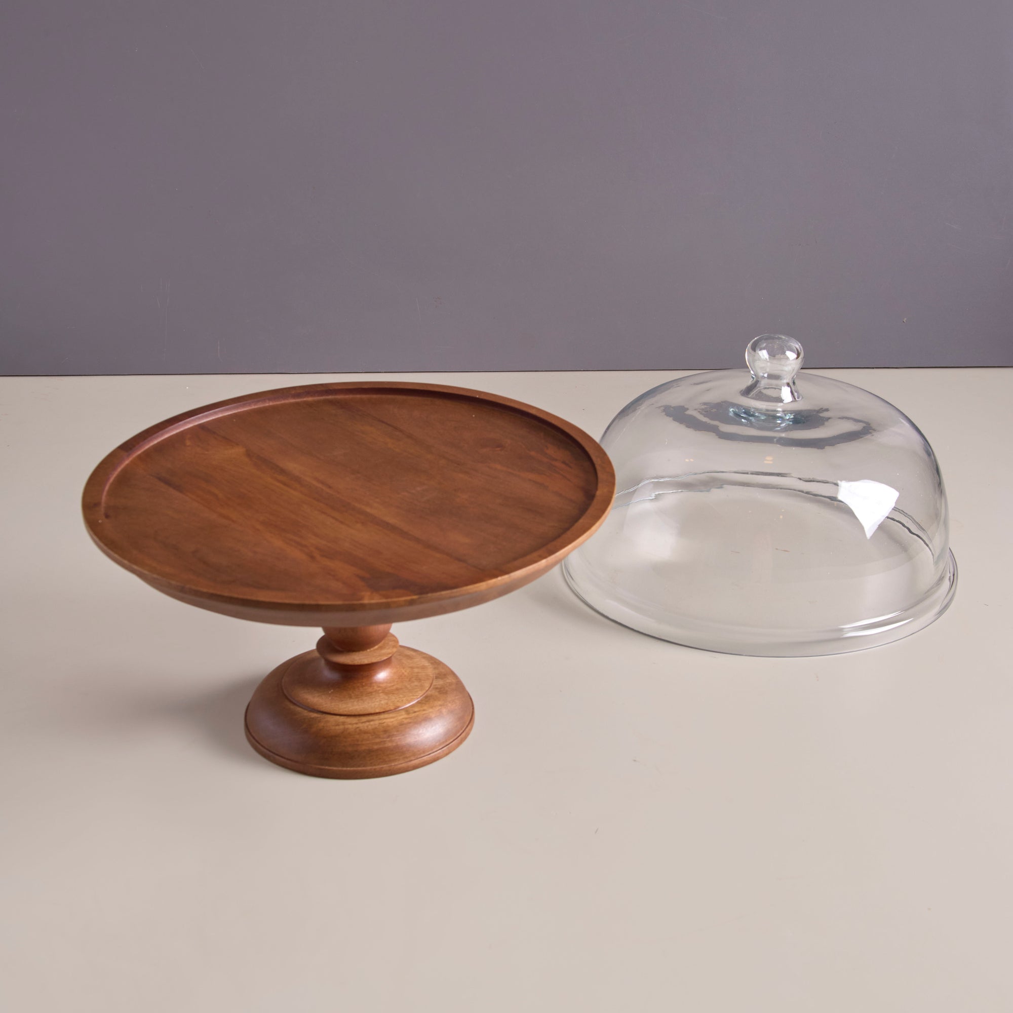 Shibui Brown Wooden Cake Stand with a Glass Cloche