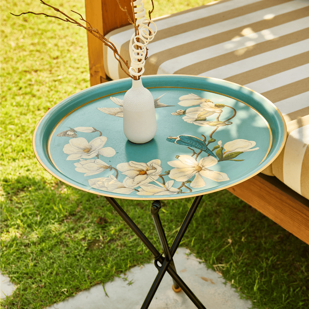 Magnolia Light Blue Hand-Painted Round Metal Tray with an Attached Stand