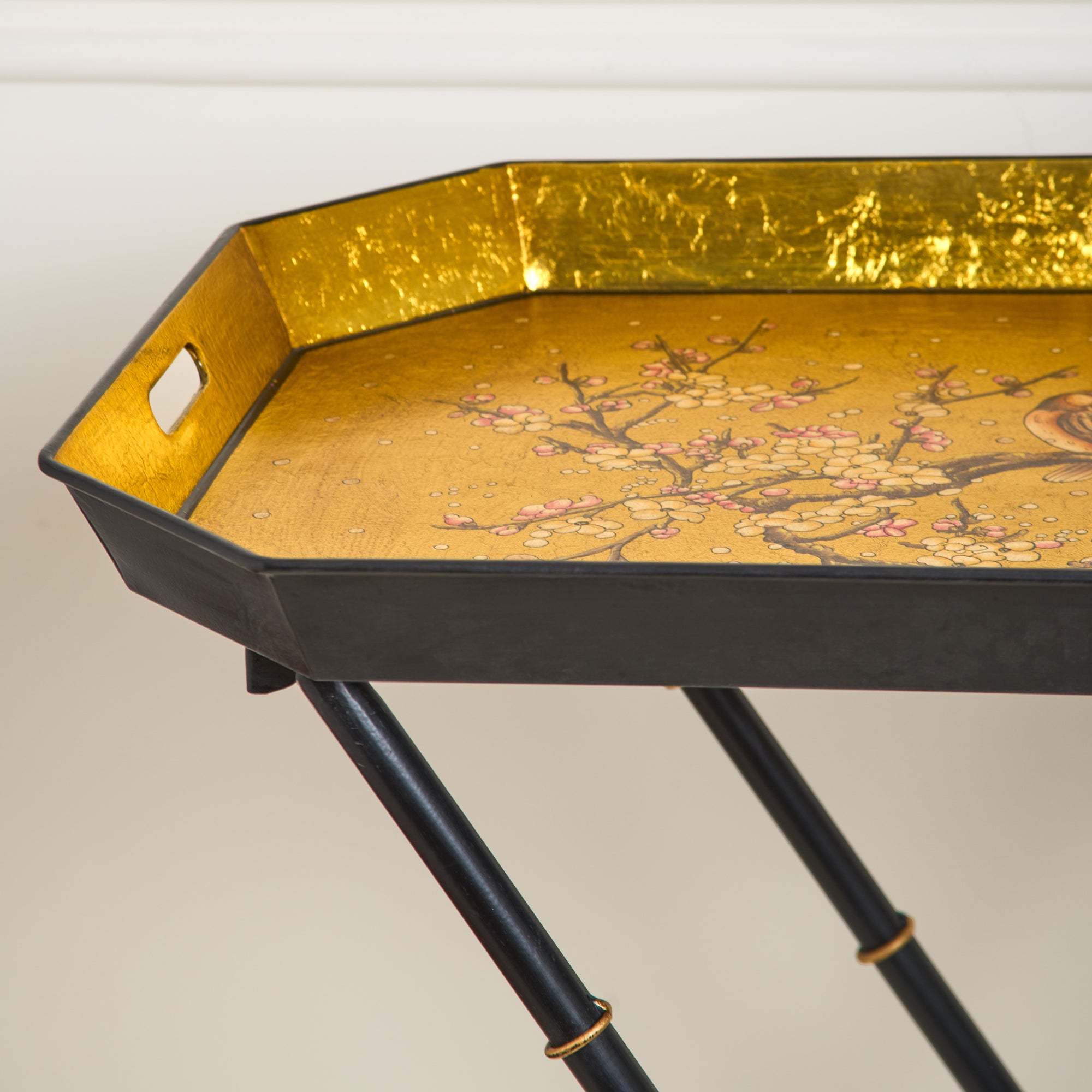 Sakura Black &amp; Gold Hand-Painted Rectangular Metal Tray with an Attached Stand